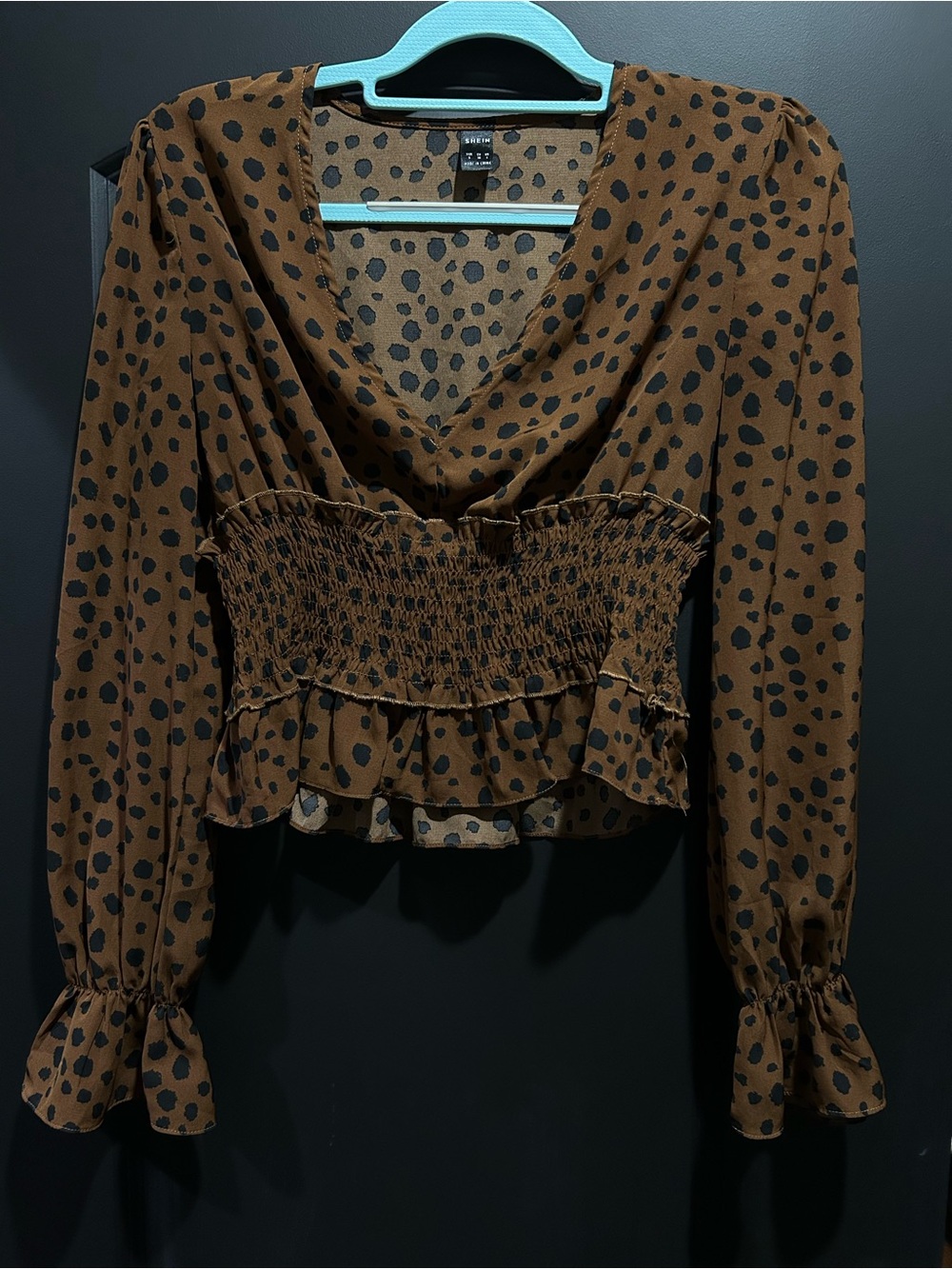 Brown & Black Polka Dot Smocked Peplum Blouse